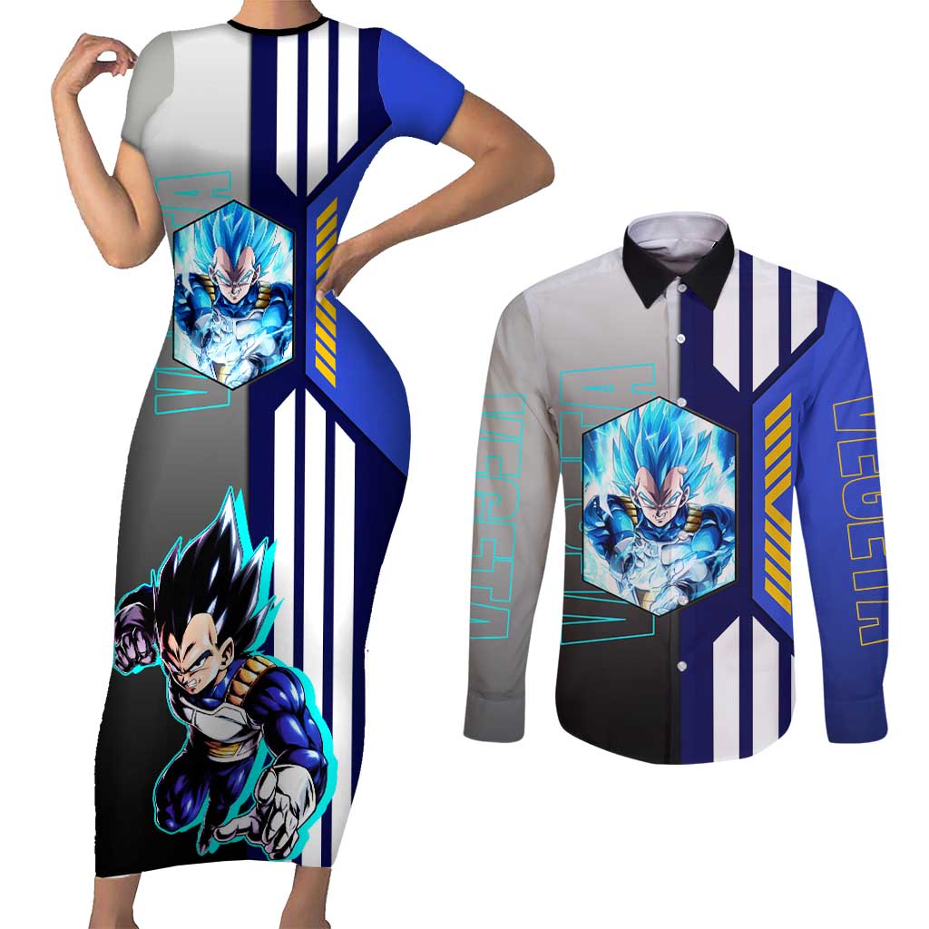 Vegeta from Dragon Ball Couples Matching Short Sleeve Bodycon Dress and Long Sleeve Button Shirt with Super Saiyan Blue Form and Action Pose Design - The Mazicc