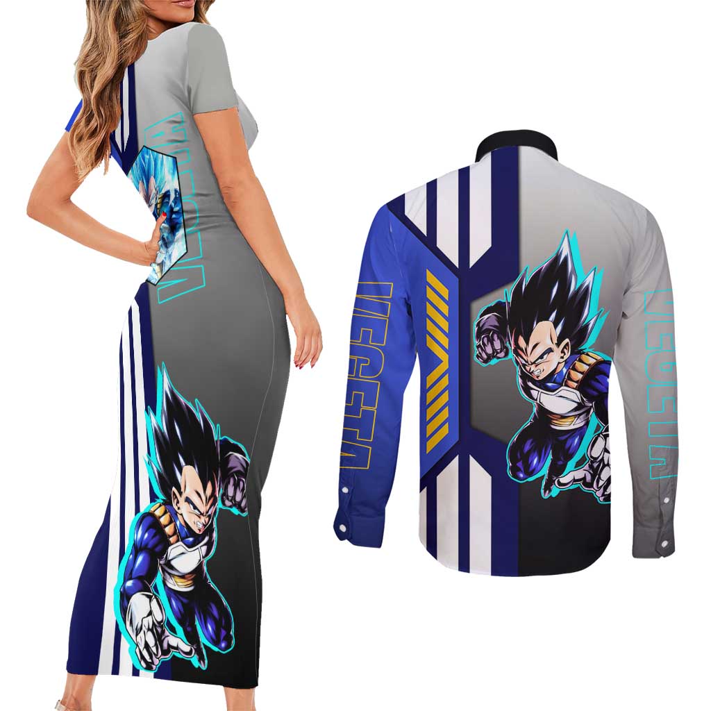 Vegeta from Dragon Ball Couples Matching Short Sleeve Bodycon Dress and Long Sleeve Button Shirt with Super Saiyan Blue Form and Action Pose Design - The Mazicc