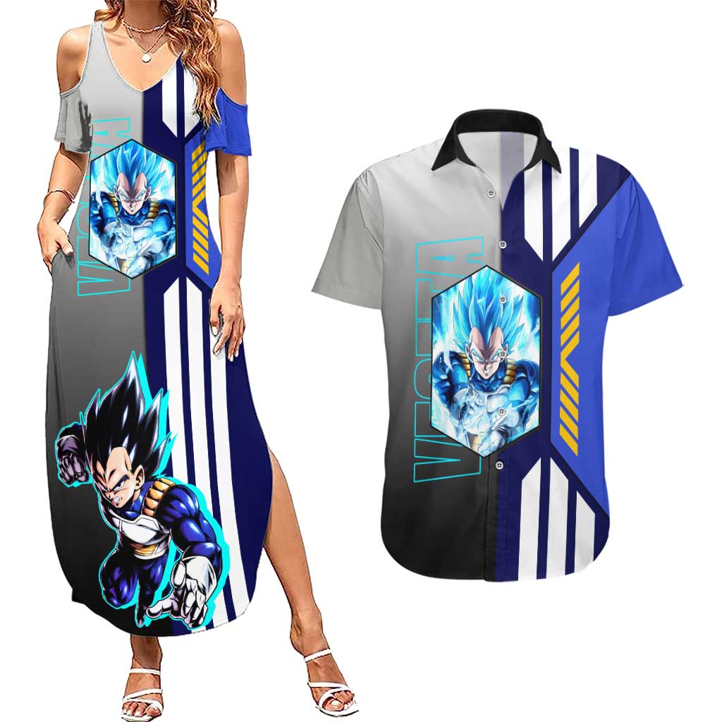Vegeta from Dragon Ball Couples Matching Summer Maxi Dress and Hawaiian Shirt with Super Saiyan Blue Form and Action Pose Design - The Mazicc