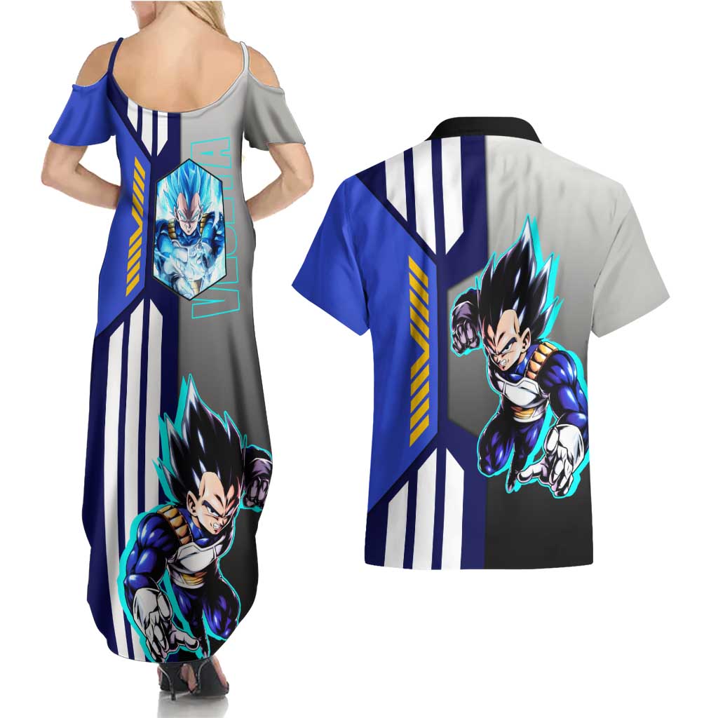 Vegeta from Dragon Ball Couples Matching Summer Maxi Dress and Hawaiian Shirt with Super Saiyan Blue Form and Action Pose Design - The Mazicc