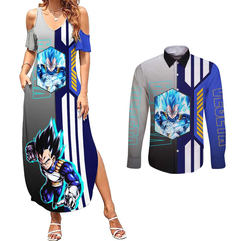 Vegeta from Dragon Ball Couples Matching Summer Maxi Dress and Long Sleeve Button Shirt with Super Saiyan Blue Form and Action Pose Design - The Mazicc