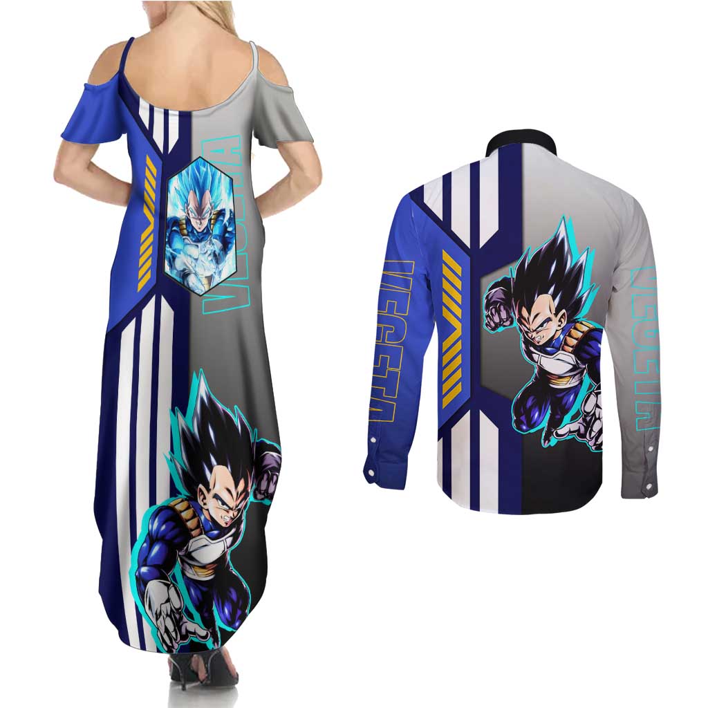 Vegeta from Dragon Ball Couples Matching Summer Maxi Dress and Long Sleeve Button Shirt with Super Saiyan Blue Form and Action Pose Design - The Mazicc
