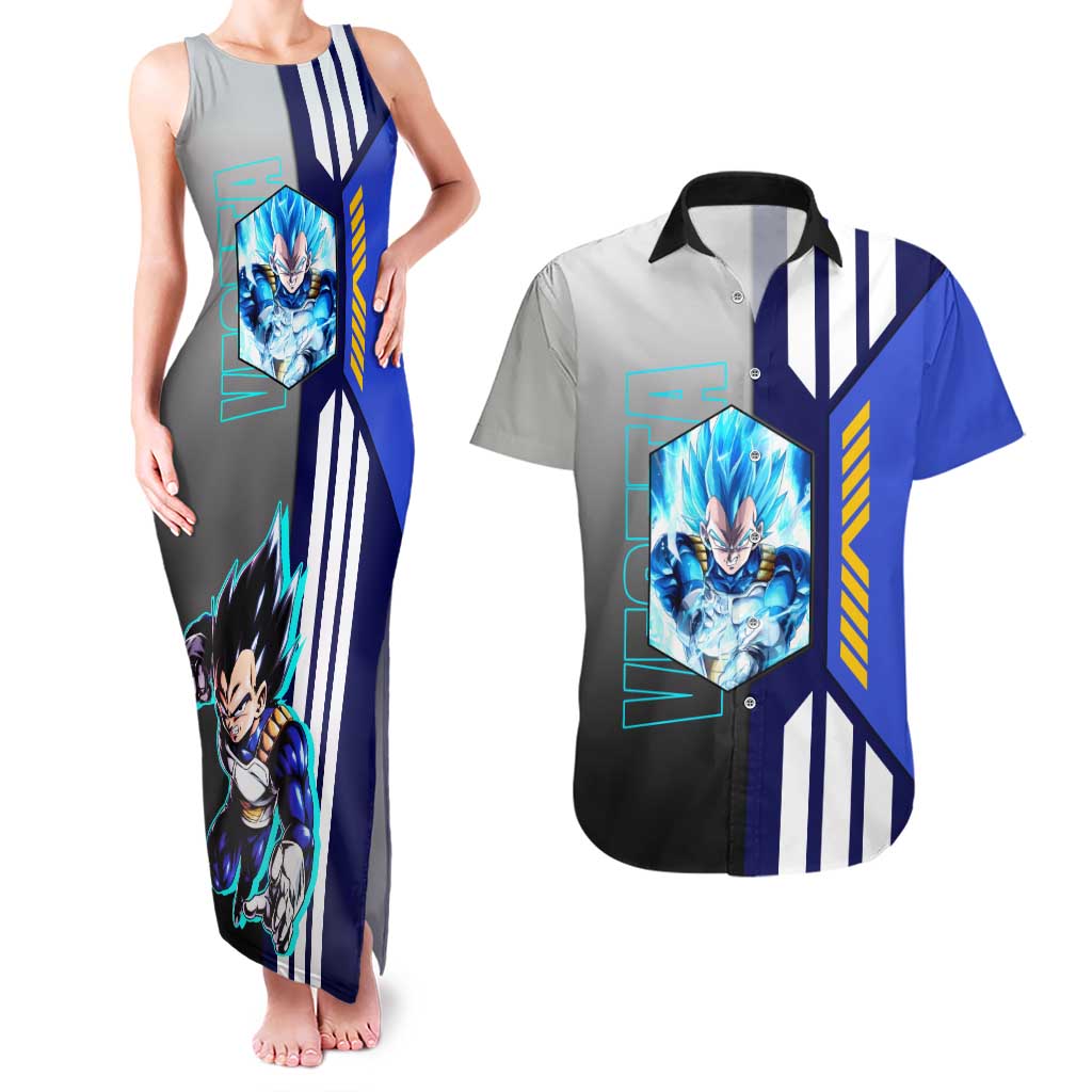 Vegeta from Dragon Ball Couples Matching Tank Maxi Dress and Hawaiian Shirt with Super Saiyan Blue Form and Action Pose Design - The Mazicc