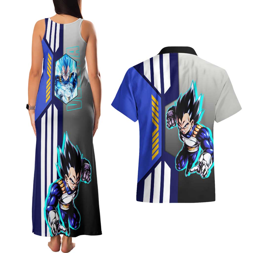 Vegeta from Dragon Ball Couples Matching Tank Maxi Dress and Hawaiian Shirt with Super Saiyan Blue Form and Action Pose Design - The Mazicc
