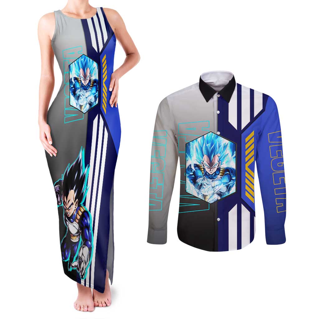 Vegeta from Dragon Ball Couples Matching Tank Maxi Dress and Long Sleeve Button Shirt with Super Saiyan Blue Form and Action Pose Design - The Mazicc