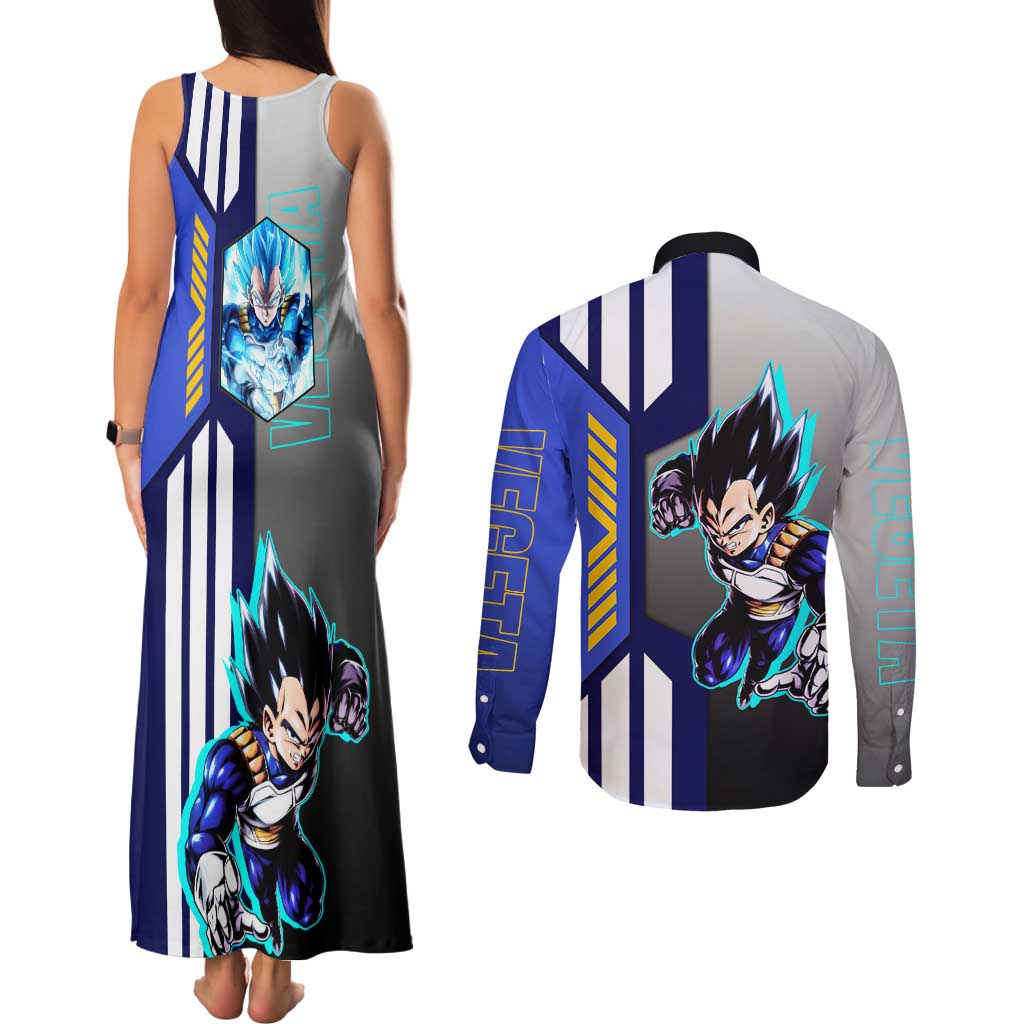 Vegeta from Dragon Ball Couples Matching Tank Maxi Dress and Long Sleeve Button Shirt with Super Saiyan Blue Form and Action Pose Design - The Mazicc