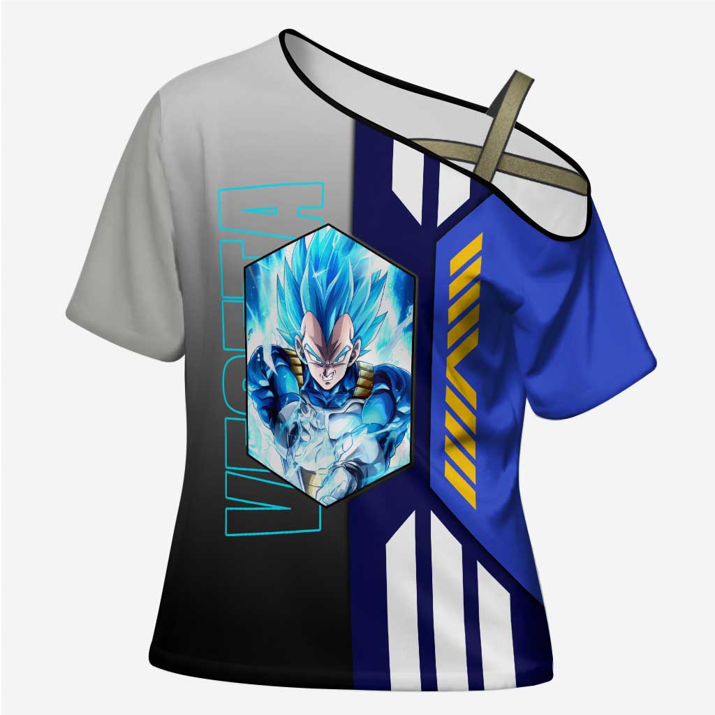 Vegeta from Dragon Ball Cross Shoulder Shirt with Super Saiyan Blue Form and Action Pose Design - The Mazicc