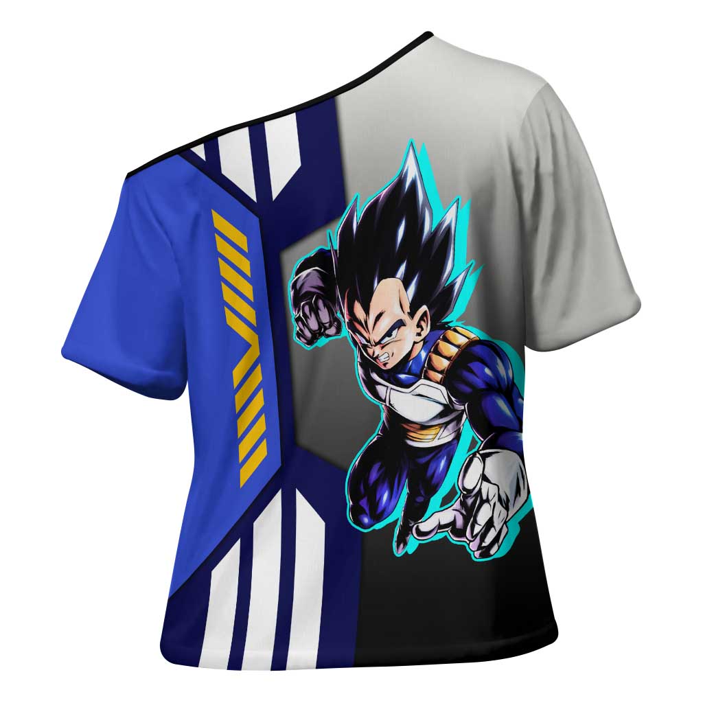 Vegeta from Dragon Ball Cross Shoulder Shirt with Super Saiyan Blue Form and Action Pose Design - The Mazicc