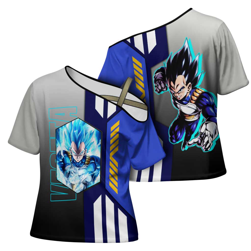 Vegeta from Dragon Ball Cross Shoulder Shirt with Super Saiyan Blue Form and Action Pose Design - The Mazicc