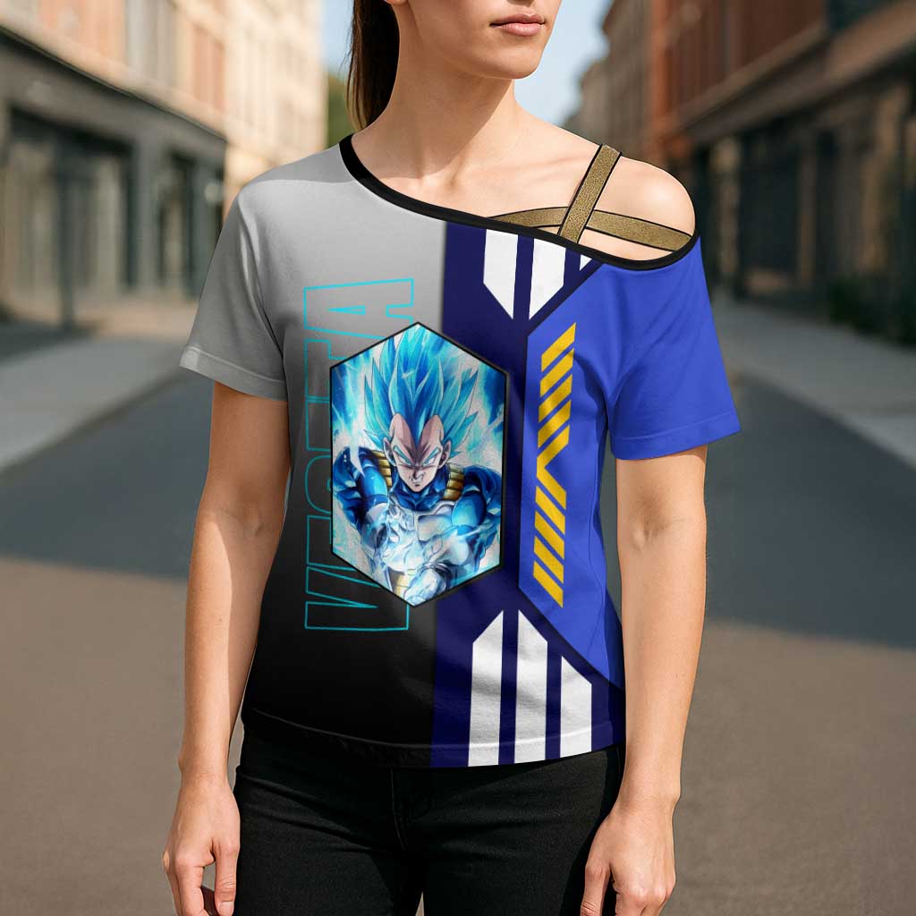 Vegeta from Dragon Ball Cross Shoulder Shirt with Super Saiyan Blue Form and Action Pose Design - The Mazicc