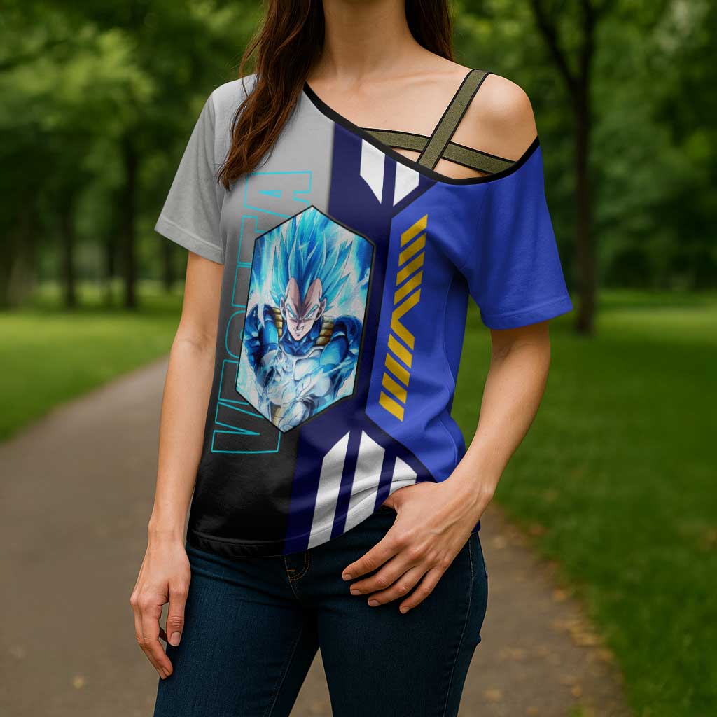 Vegeta from Dragon Ball Cross Shoulder Shirt with Super Saiyan Blue Form and Action Pose Design - The Mazicc