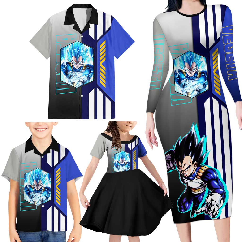 Vegeta from Dragon Ball Family Matching Long Sleeve Bodycon Dress and Hawaiian Shirt with Super Saiyan Blue Form and Action Pose Design - The Mazicc