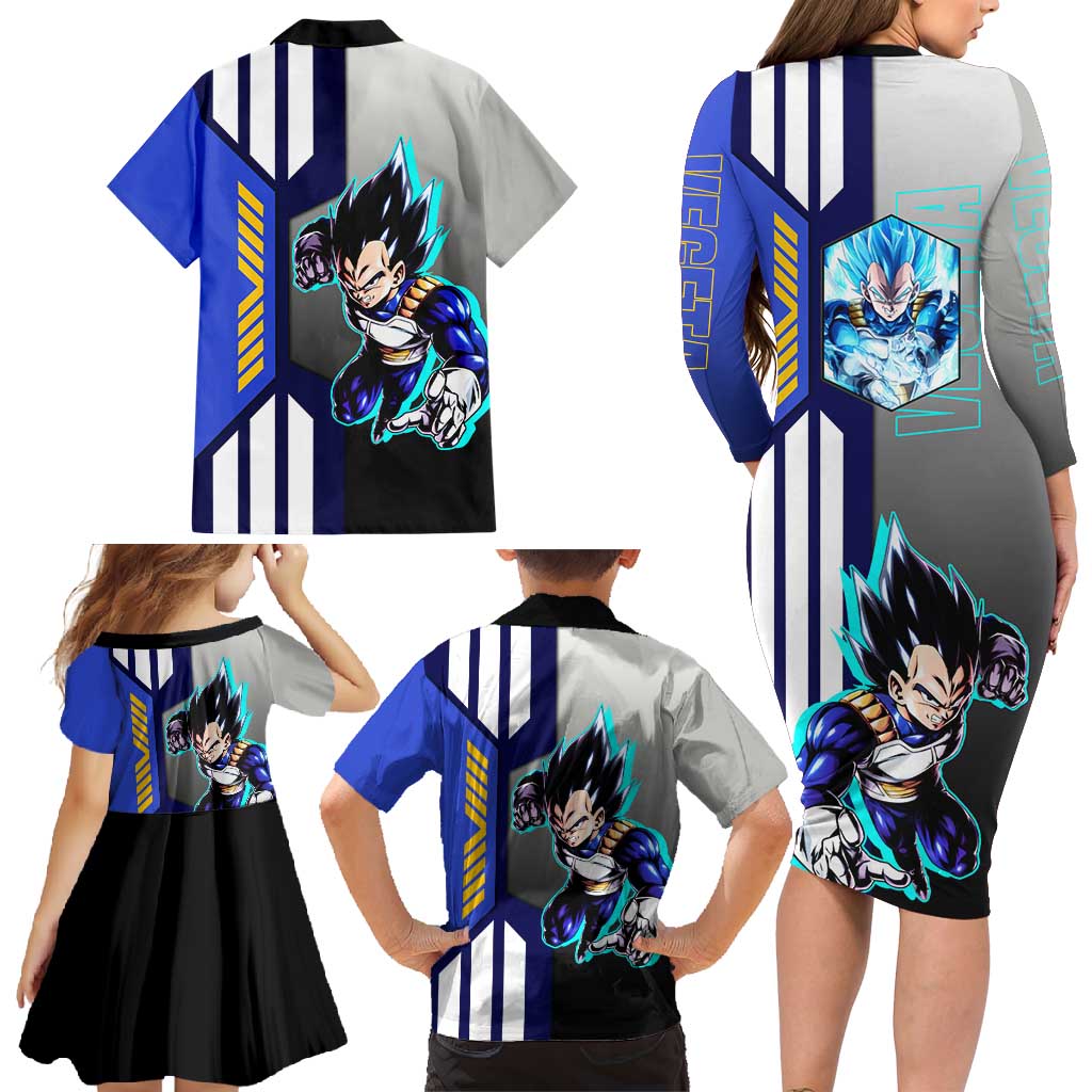 Vegeta from Dragon Ball Family Matching Long Sleeve Bodycon Dress and Hawaiian Shirt with Super Saiyan Blue Form and Action Pose Design - The Mazicc