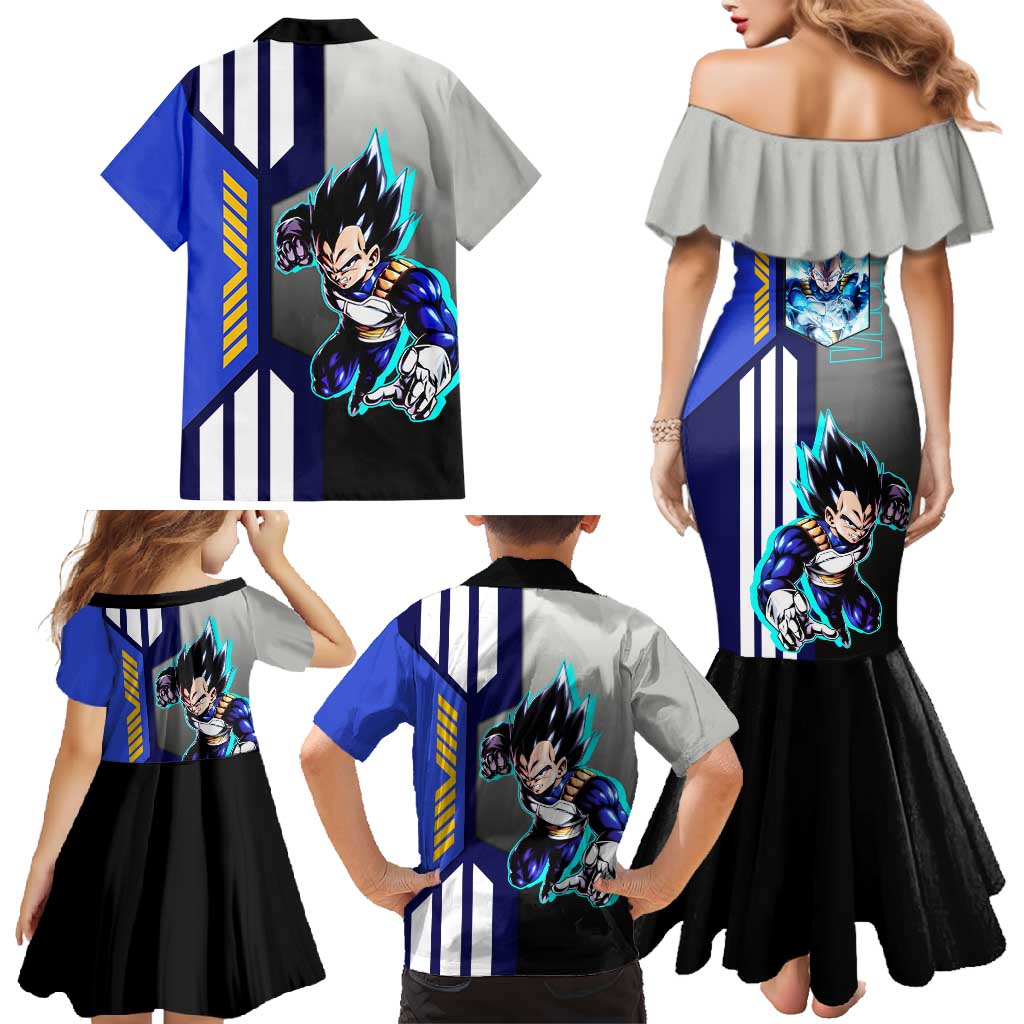 Vegeta from Dragon Ball Family Matching Mermaid Dress and Hawaiian Shirt with Super Saiyan Blue Form and Action Pose Design - The Mazicc