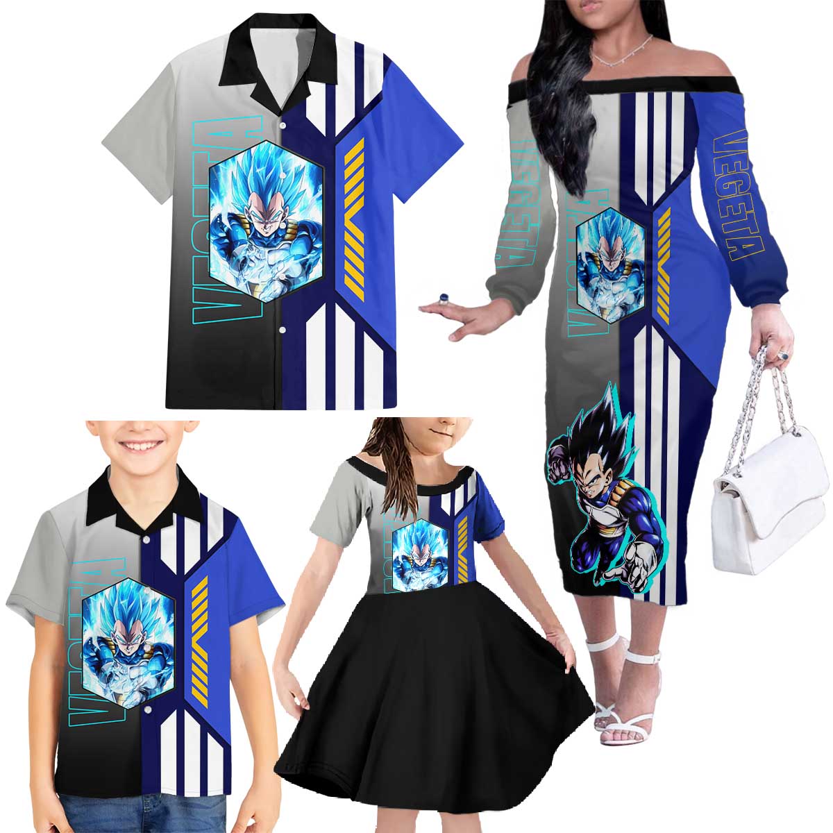 Vegeta from Dragon Ball Family Matching Off The Shoulder Long Sleeve Dress and Hawaiian Shirt with Super Saiyan Blue Form and Action Pose Design - The Mazicc
