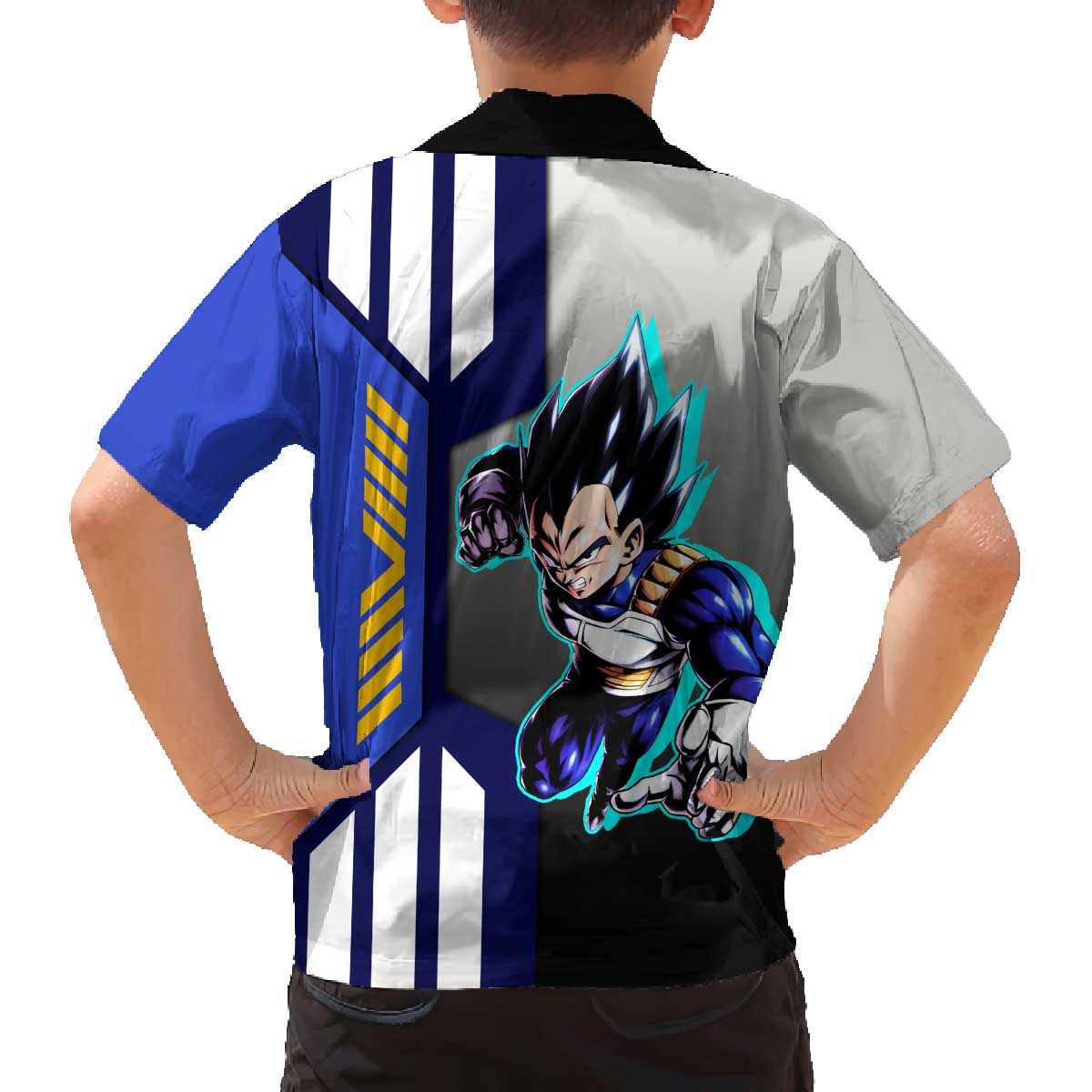 Vegeta from Dragon Ball Family Matching Off The Shoulder Long Sleeve Dress and Hawaiian Shirt with Super Saiyan Blue Form and Action Pose Design - The Mazicc