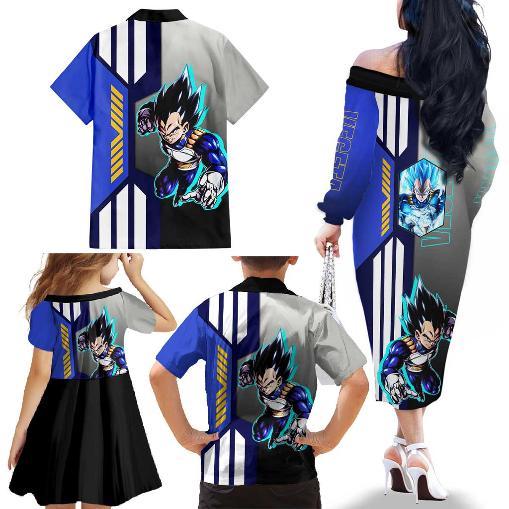 Vegeta from Dragon Ball Family Matching Off The Shoulder Long Sleeve Dress and Hawaiian Shirt with Super Saiyan Blue Form and Action Pose Design - The Mazicc