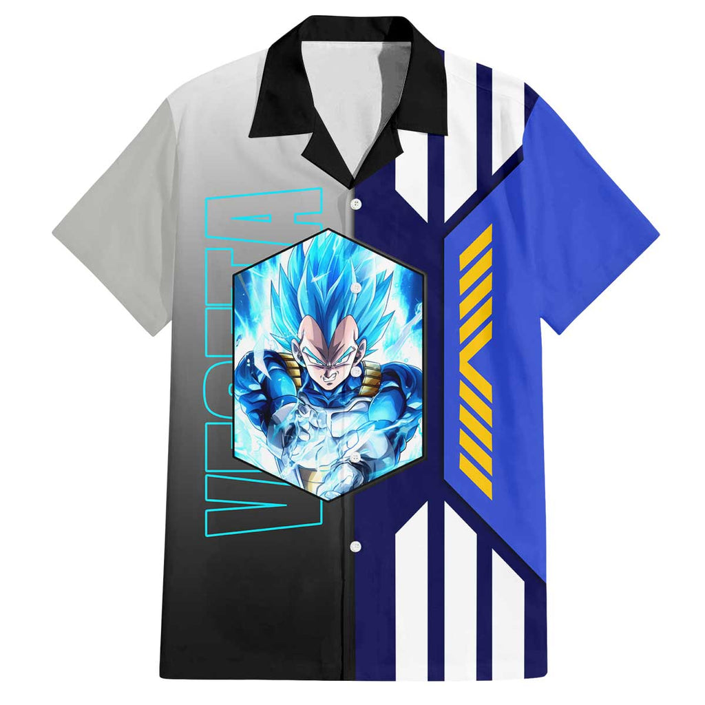 Vegeta from Dragon Ball Family Matching Off The Shoulder Long Sleeve Dress and Hawaiian Shirt with Super Saiyan Blue Form and Action Pose Design - The Mazicc