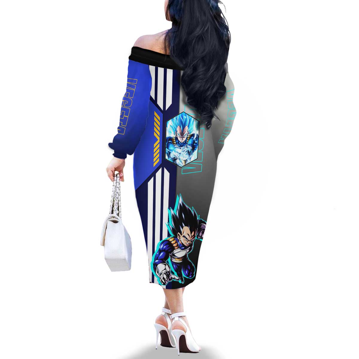 Vegeta from Dragon Ball Family Matching Off The Shoulder Long Sleeve Dress and Hawaiian Shirt with Super Saiyan Blue Form and Action Pose Design - The Mazicc