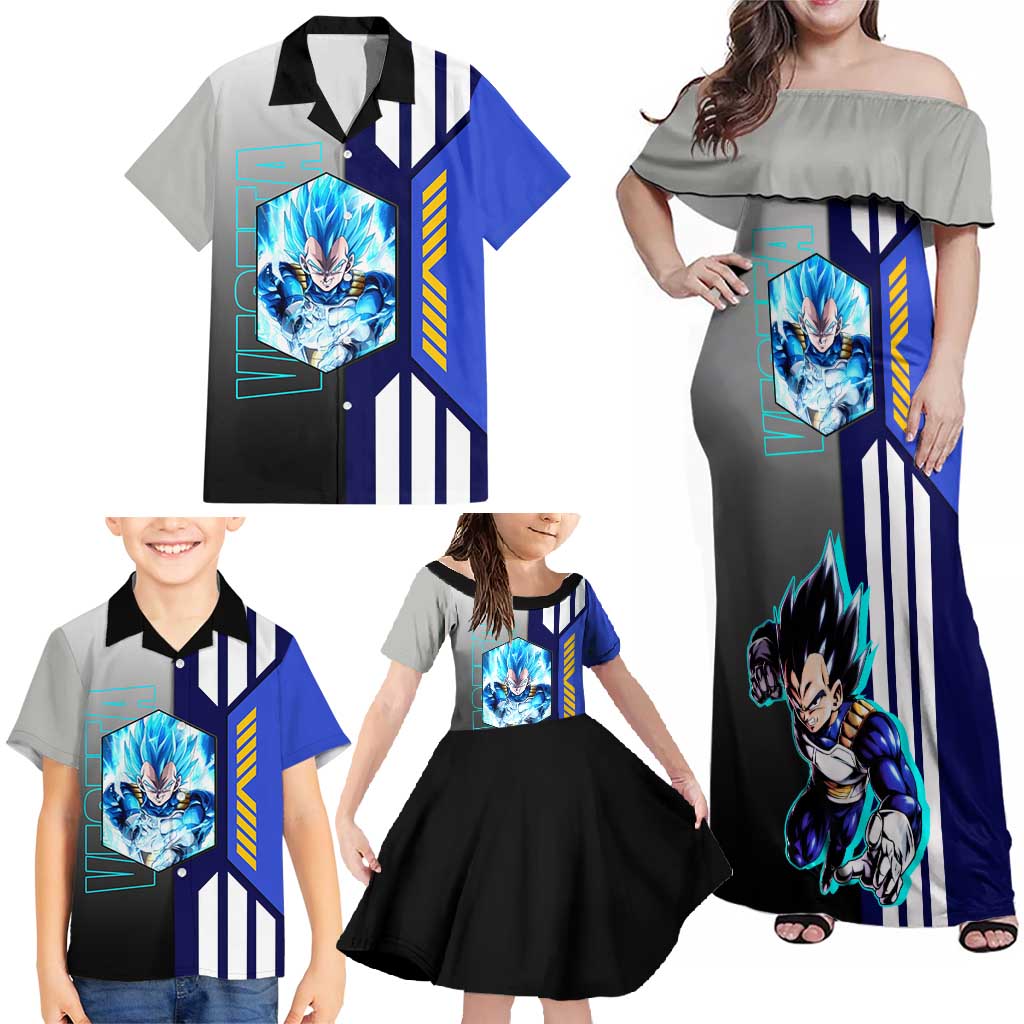 Vegeta from Dragon Ball Family Matching Off Shoulder Maxi Dress and Hawaiian Shirt with Super Saiyan Blue Form and Action Pose Design - The Mazicc