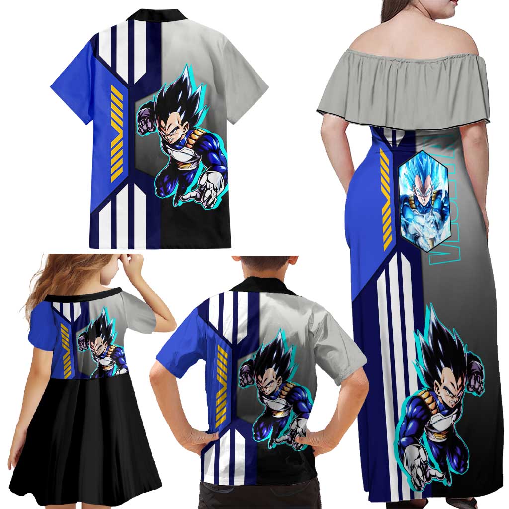 Vegeta from Dragon Ball Family Matching Off Shoulder Maxi Dress and Hawaiian Shirt with Super Saiyan Blue Form and Action Pose Design - The Mazicc