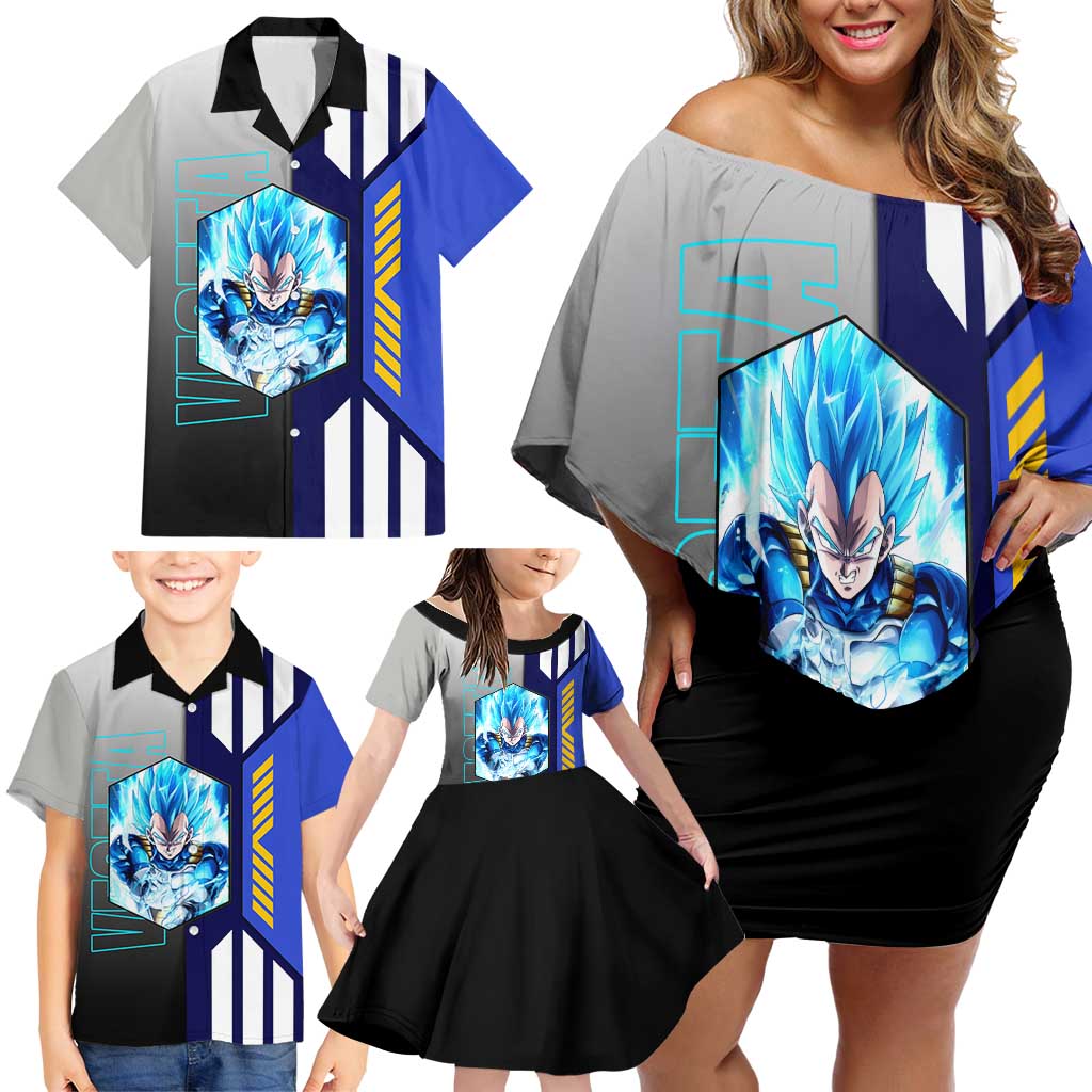 Vegeta from Dragon Ball Family Matching Off Shoulder Short Dress and Hawaiian Shirt with Super Saiyan Blue Form and Action Pose Design - The Mazicc