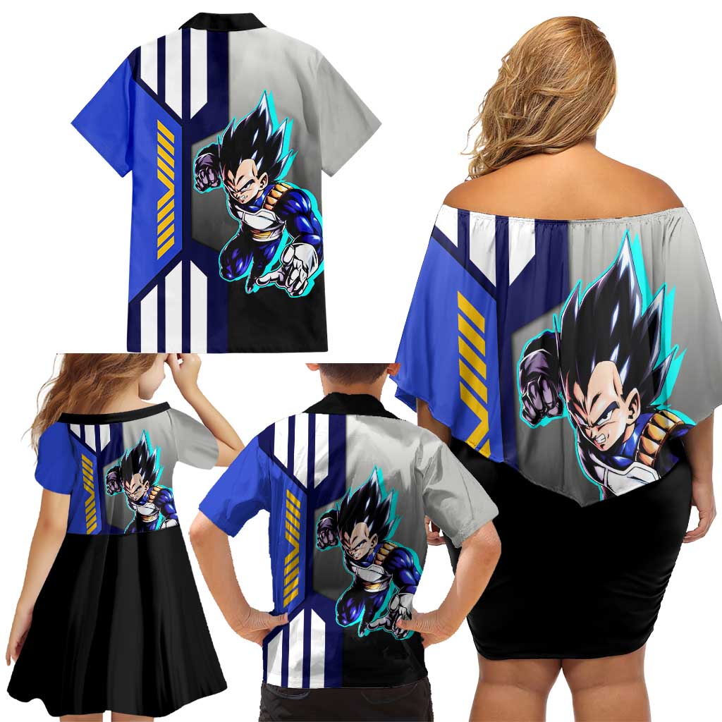 Vegeta from Dragon Ball Family Matching Off Shoulder Short Dress and Hawaiian Shirt with Super Saiyan Blue Form and Action Pose Design - The Mazicc