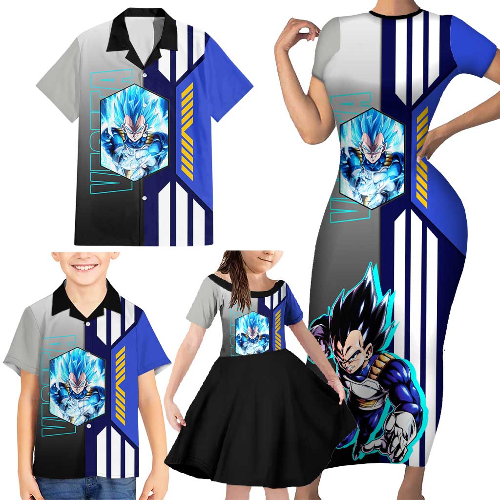 Vegeta from Dragon Ball Family Matching Short Sleeve Bodycon Dress and Hawaiian Shirt with Super Saiyan Blue Form and Action Pose Design - The Mazicc