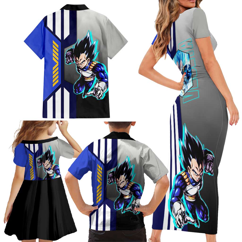 Vegeta from Dragon Ball Family Matching Short Sleeve Bodycon Dress and Hawaiian Shirt with Super Saiyan Blue Form and Action Pose Design - The Mazicc