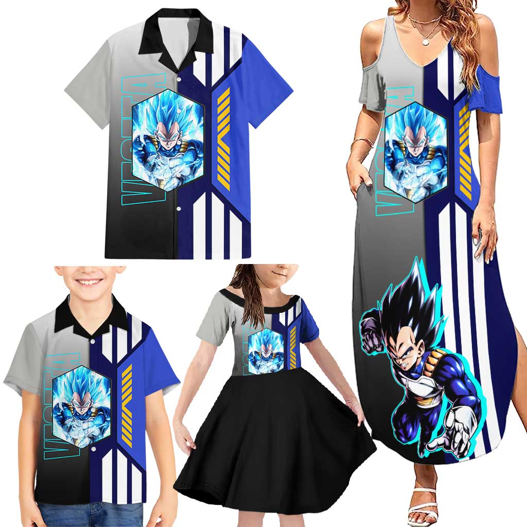 Vegeta from Dragon Ball Family Matching Summer Maxi Dress and Hawaiian Shirt with Super Saiyan Blue Form and Action Pose Design - The Mazicc