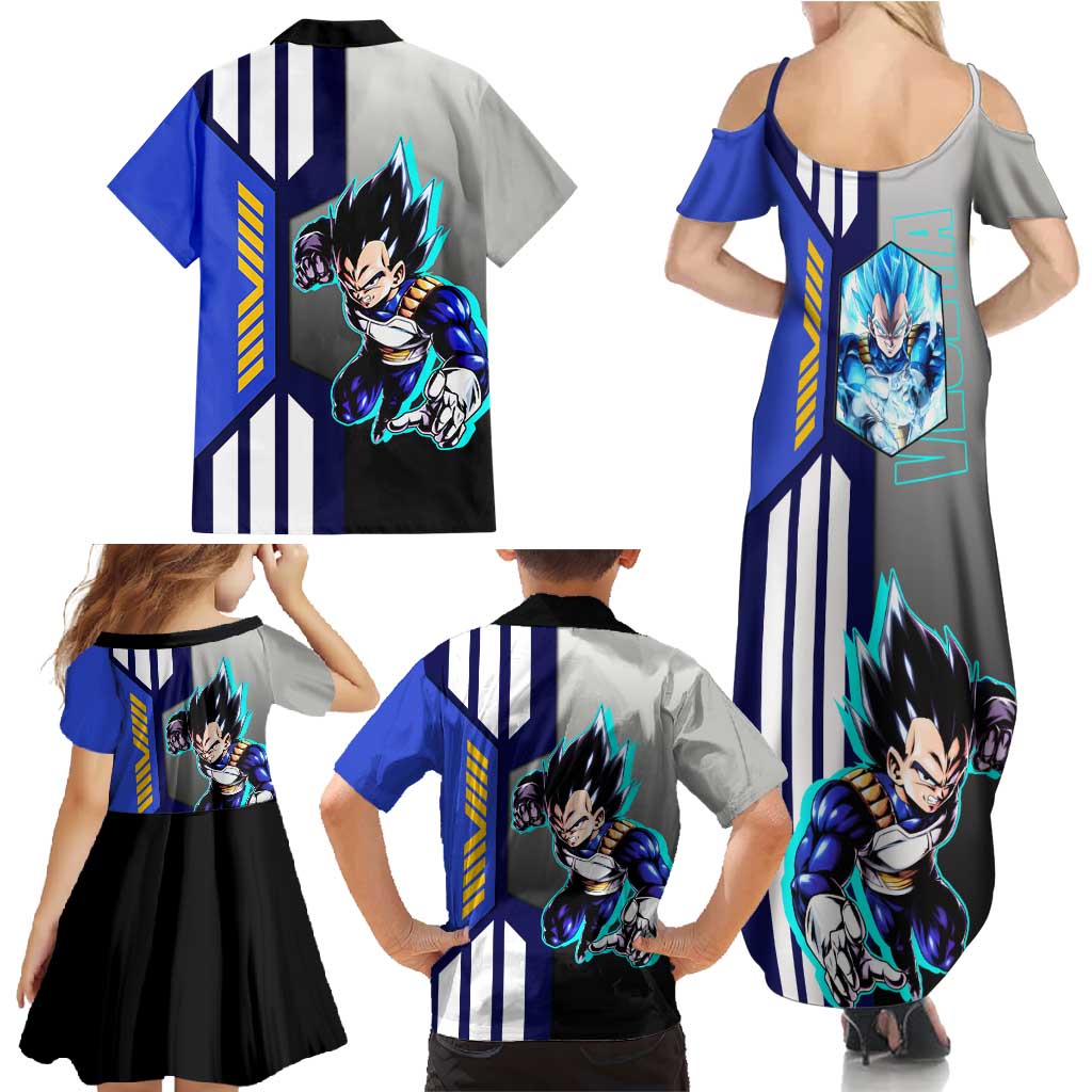 Vegeta from Dragon Ball Family Matching Summer Maxi Dress and Hawaiian Shirt with Super Saiyan Blue Form and Action Pose Design - The Mazicc