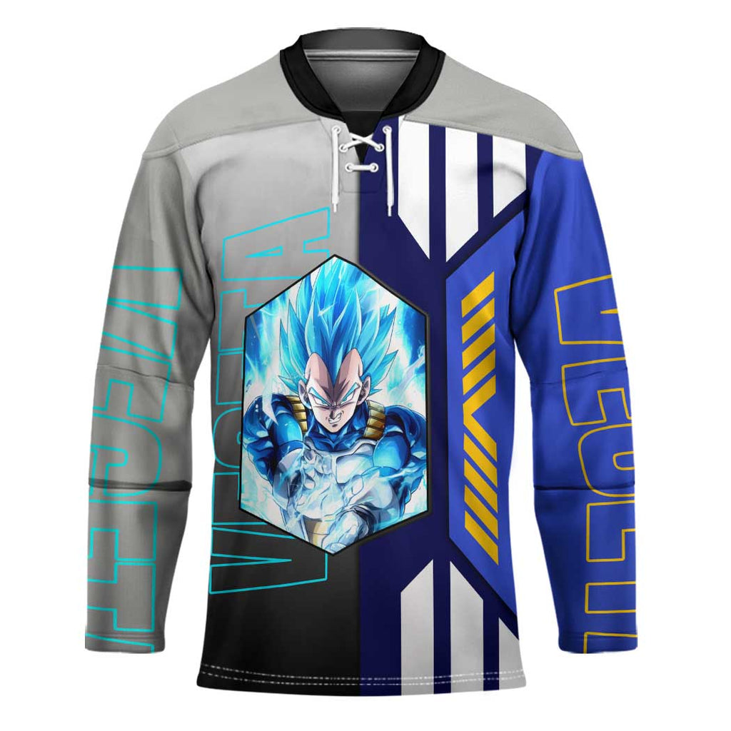 Vegeta from Dragon Ball Hockey Jersey with Super Saiyan Blue Form and Action Pose Design - The Mazicc