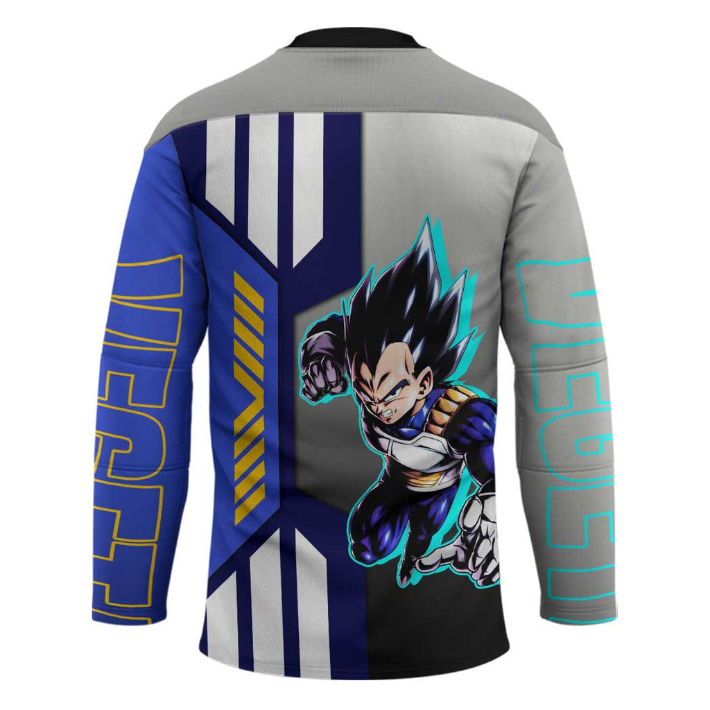 Vegeta from Dragon Ball Hockey Jersey with Super Saiyan Blue Form and Action Pose Design - The Mazicc