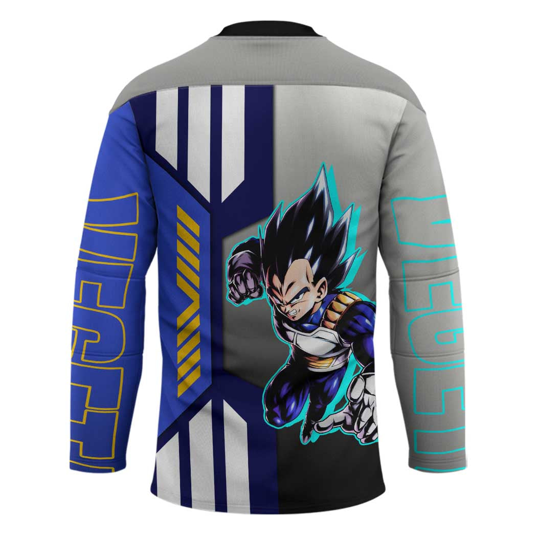 Vegeta from Dragon Ball Hockey Jersey with Super Saiyan Blue Form and Action Pose Design - The Mazicc