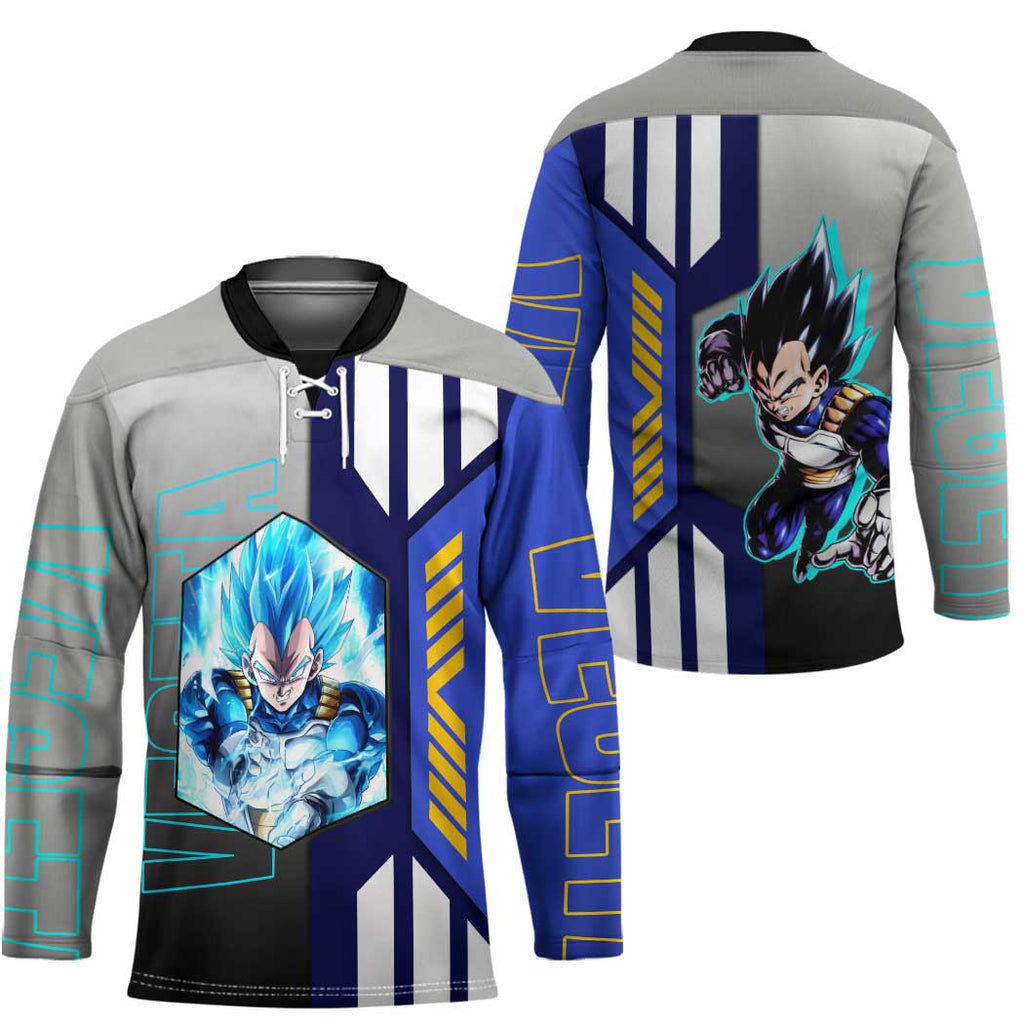Vegeta from Dragon Ball Hockey Jersey with Super Saiyan Blue Form and Action Pose Design - The Mazicc