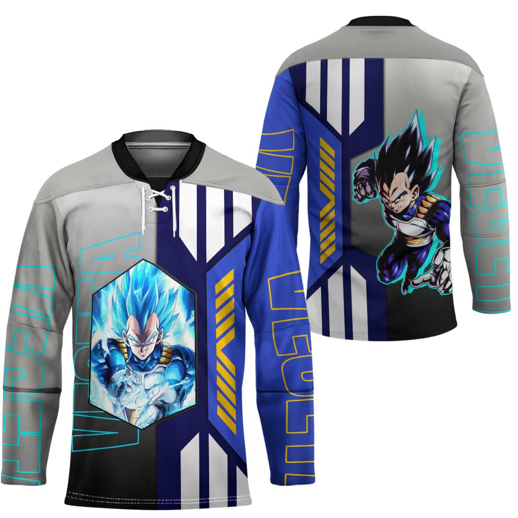 Vegeta from Dragon Ball Hockey Jersey with Super Saiyan Blue Form and Action Pose Design - The Mazicc