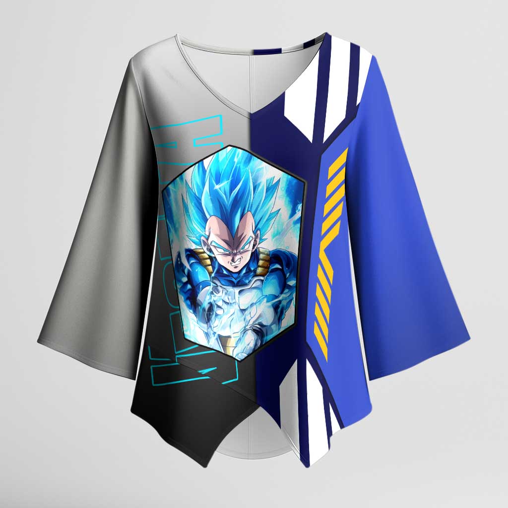 Vegeta from Dragon Ball Kimono Sleeve Blouse with Super Saiyan Blue Form and Action Pose Design - The Mazicc