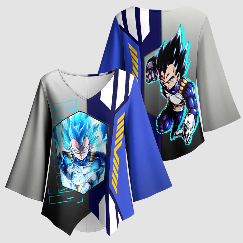 Vegeta from Dragon Ball Kimono Sleeve Blouse with Super Saiyan Blue Form and Action Pose Design - The Mazicc
