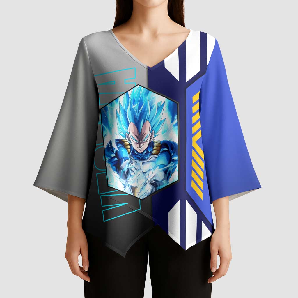 Vegeta from Dragon Ball Kimono Sleeve Blouse with Super Saiyan Blue Form and Action Pose Design - The Mazicc