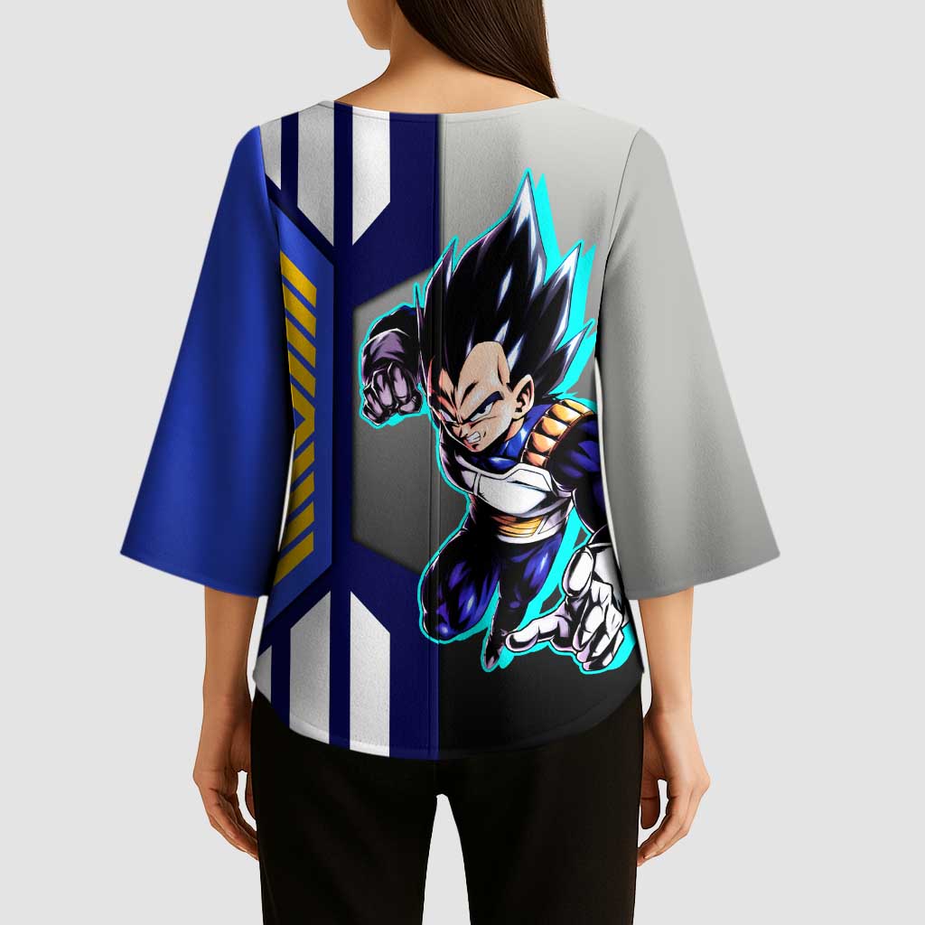 Vegeta from Dragon Ball Kimono Sleeve Blouse with Super Saiyan Blue Form and Action Pose Design - The Mazicc