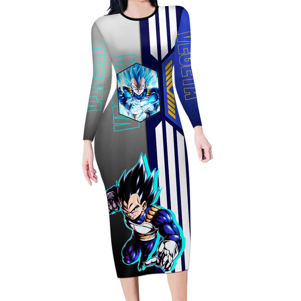 Vegeta from Dragon Ball Long Sleeve Bodycon Dress with Super Saiyan Blue Form and Action Pose Design - The Mazicc