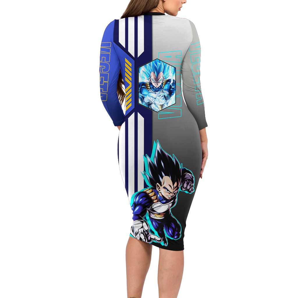 Vegeta from Dragon Ball Long Sleeve Bodycon Dress with Super Saiyan Blue Form and Action Pose Design - The Mazicc
