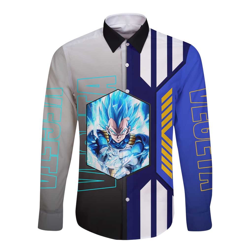 Vegeta from Dragon Ball Long Sleeve Button Shirt with Super Saiyan Blue Form and Action Pose Design - The Mazicc