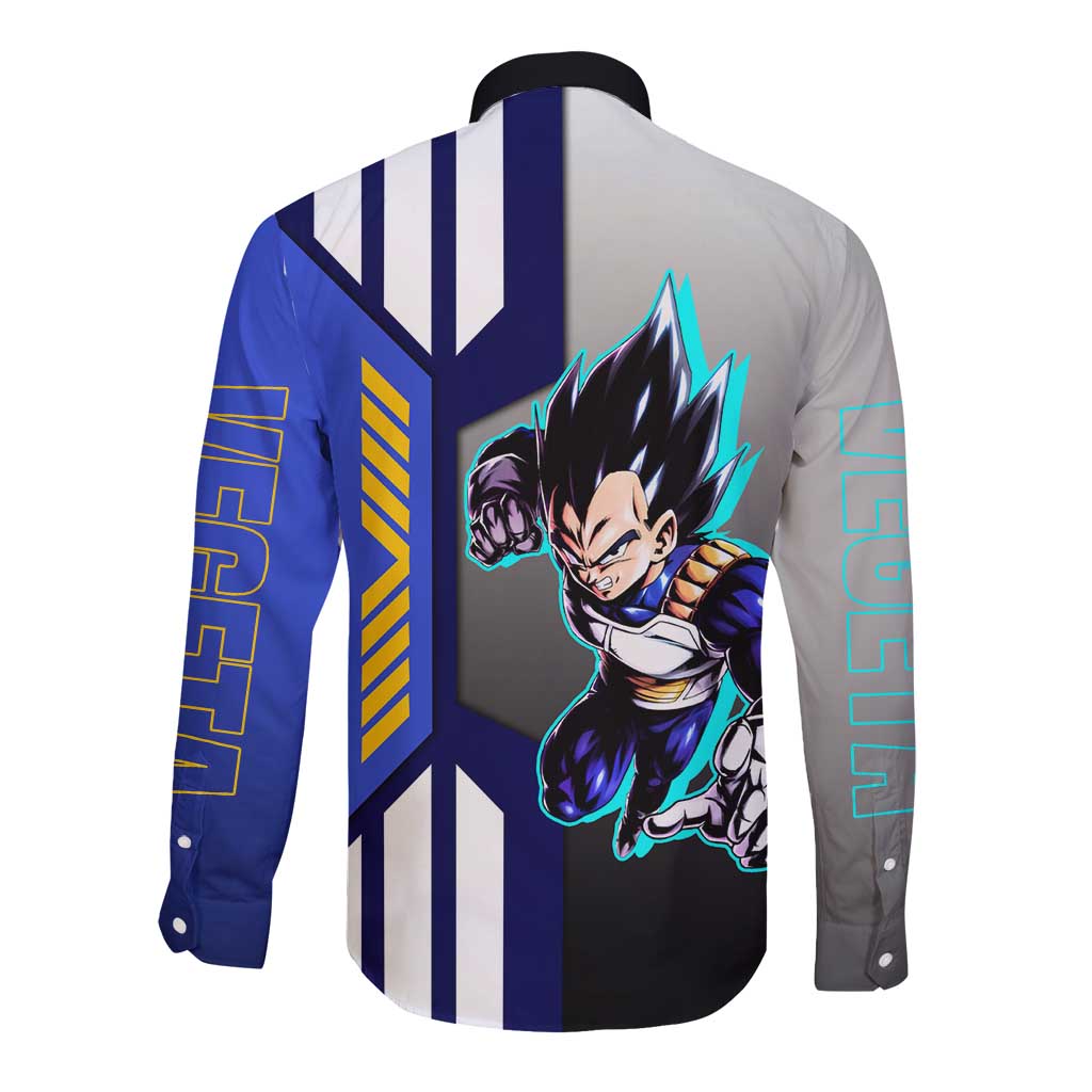 Vegeta from Dragon Ball Long Sleeve Button Shirt with Super Saiyan Blue Form and Action Pose Design - The Mazicc