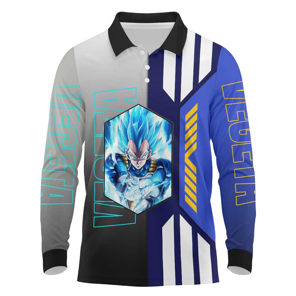 Vegeta from Dragon Ball Long Sleeve Polo Shirt with Super Saiyan Blue Form and Action Pose Design - The Mazicc