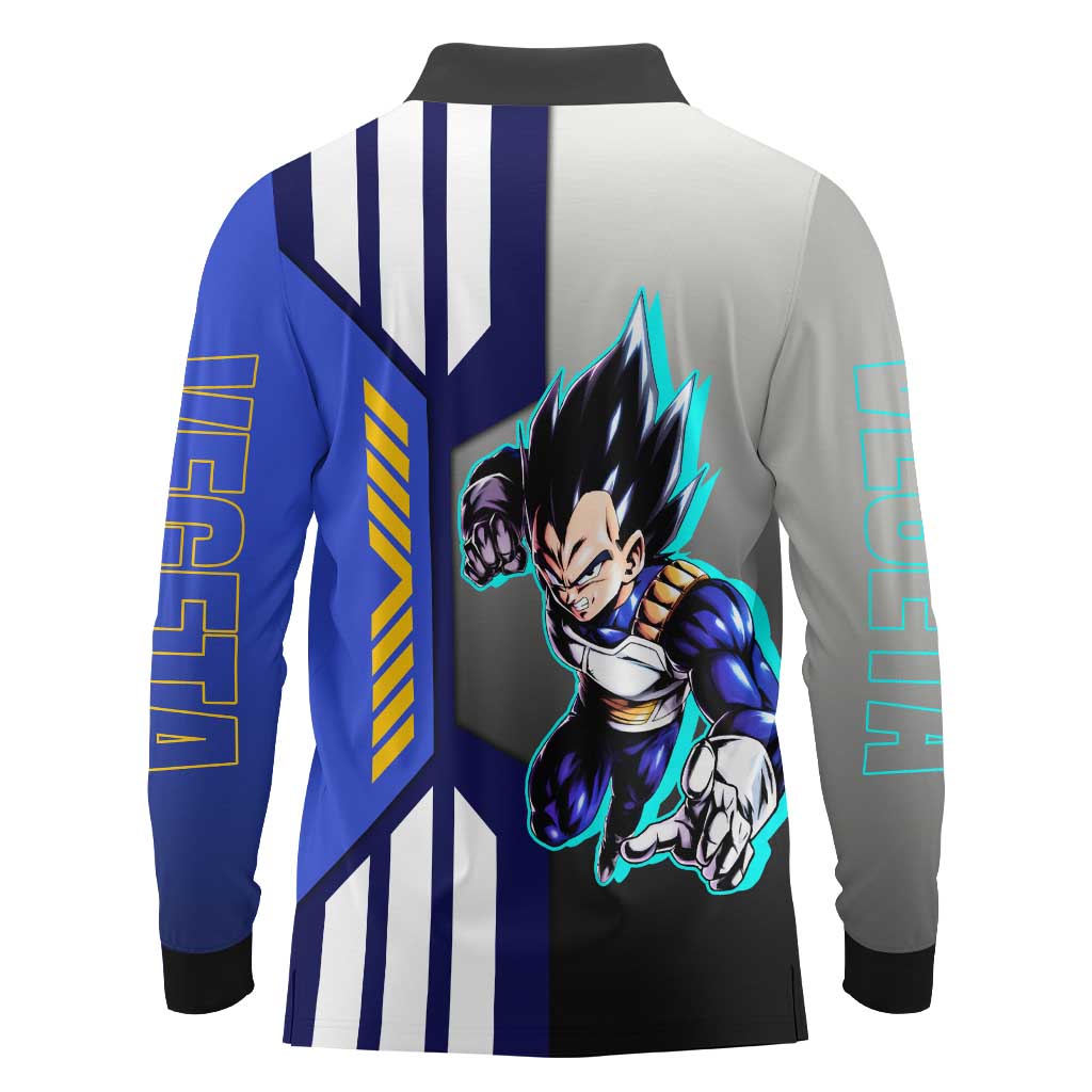 Vegeta from Dragon Ball Long Sleeve Polo Shirt with Super Saiyan Blue Form and Action Pose Design - The Mazicc