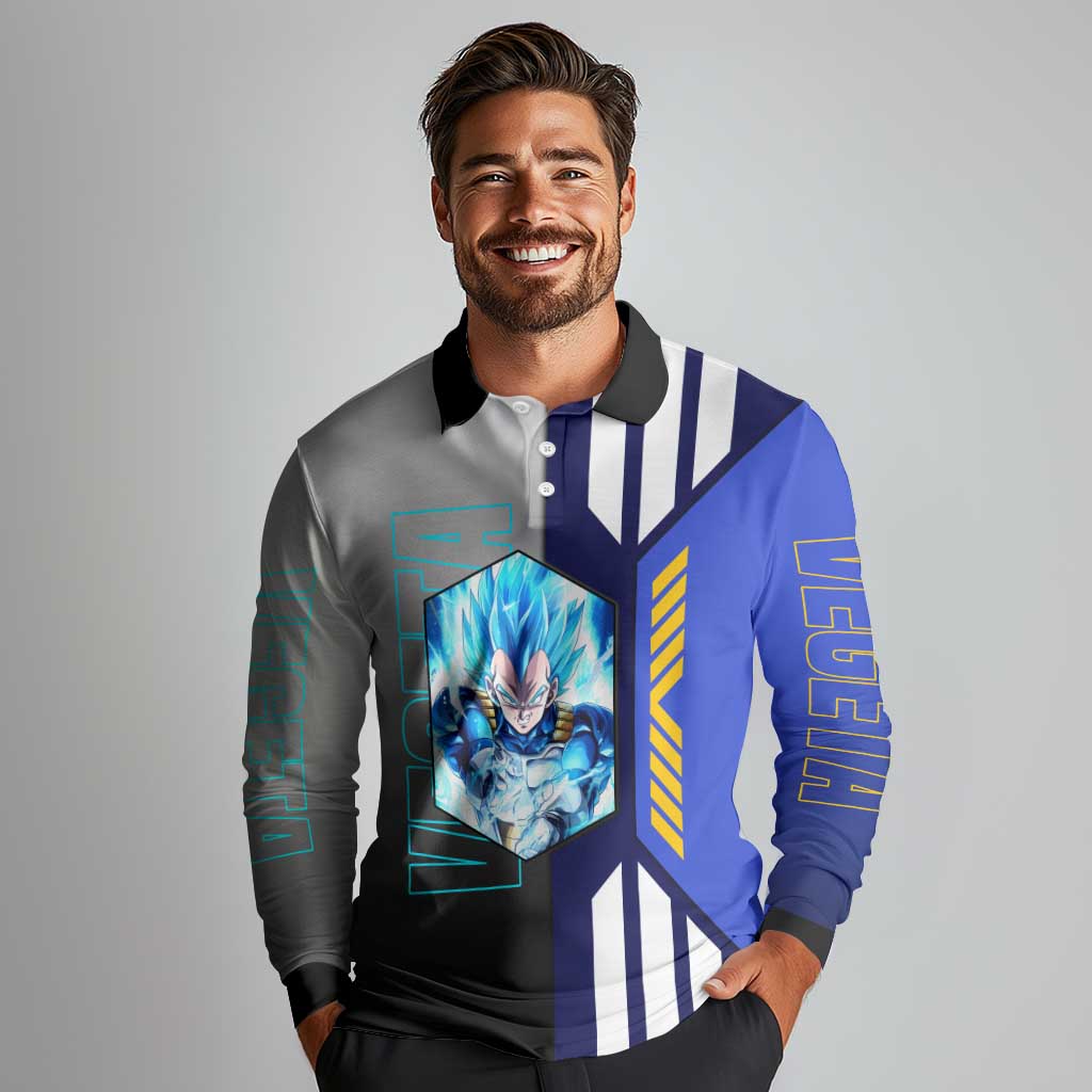 Vegeta from Dragon Ball Long Sleeve Polo Shirt with Super Saiyan Blue Form and Action Pose Design - The Mazicc