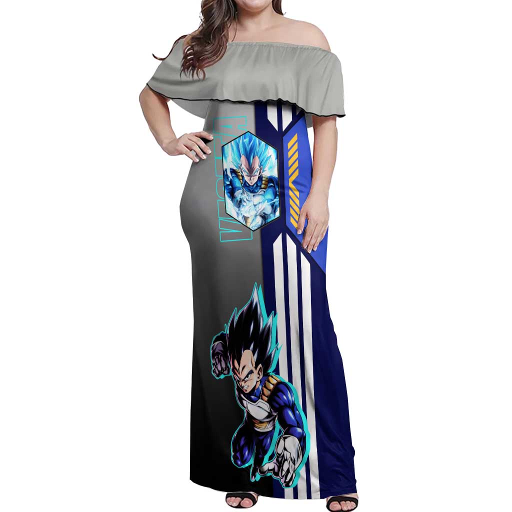 Vegeta from Dragon Ball Off Shoulder Maxi Dress with Super Saiyan Blue Form and Action Pose Design - The Mazicc