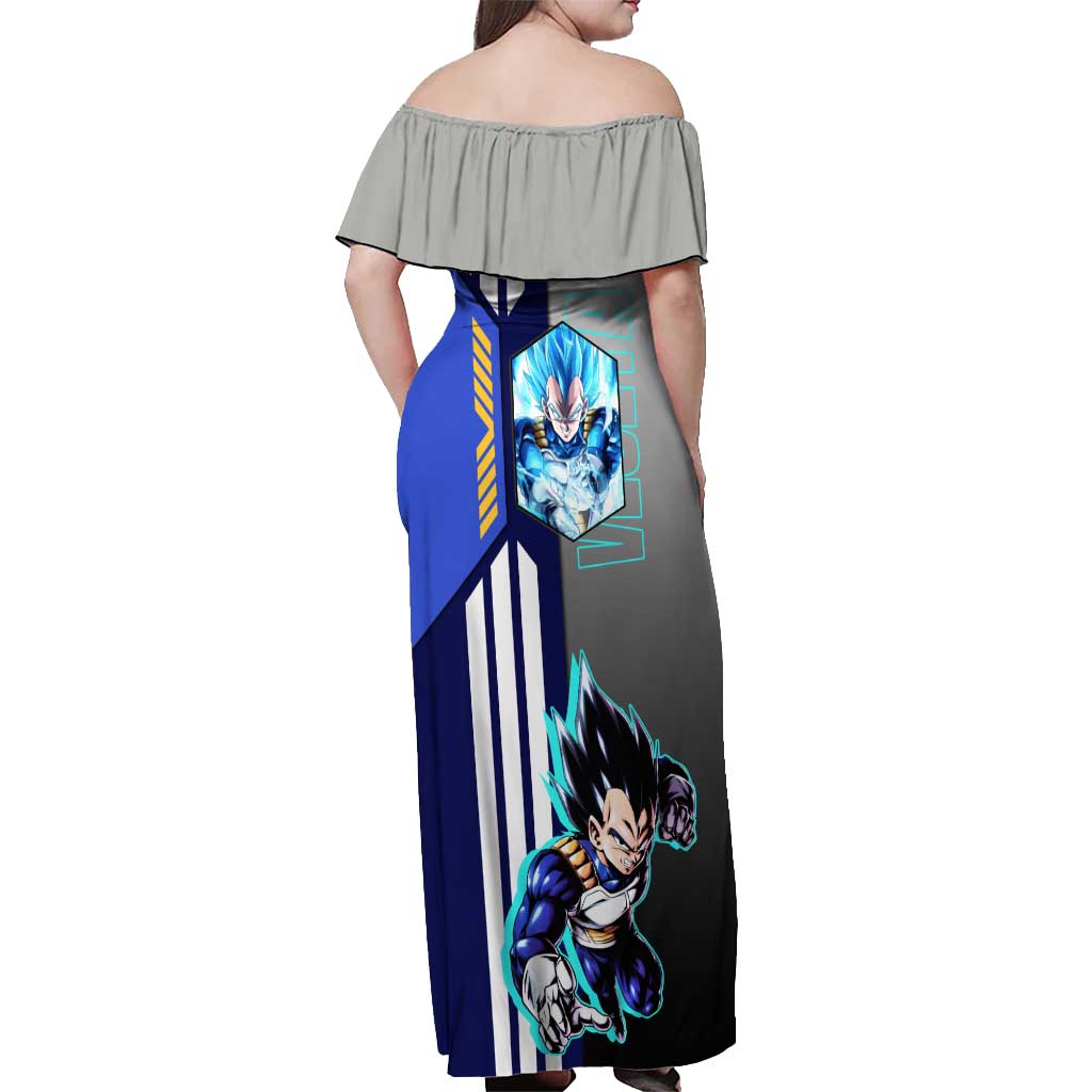 Vegeta from Dragon Ball Off Shoulder Maxi Dress with Super Saiyan Blue Form and Action Pose Design - The Mazicc