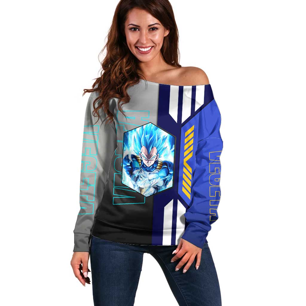 Vegeta from Dragon Ball Off Shoulder Sweater with Super Saiyan Blue Form and Action Pose Design - The Mazicc